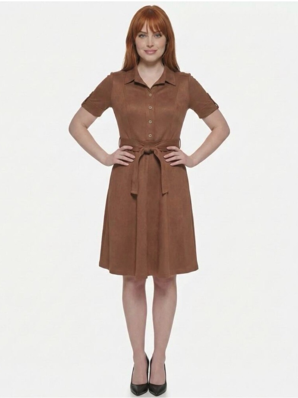 TOMMY HILFIGER Womens Brown Tie Short Sleeve Knee Length Shirt Dress Size 4 NWT
